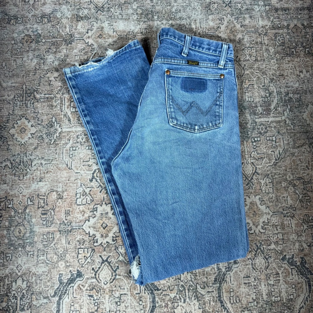 Wrangler 13MWZ Cowboy Cut Blue Distressed Jeans Mens 34x34 Vintage Style